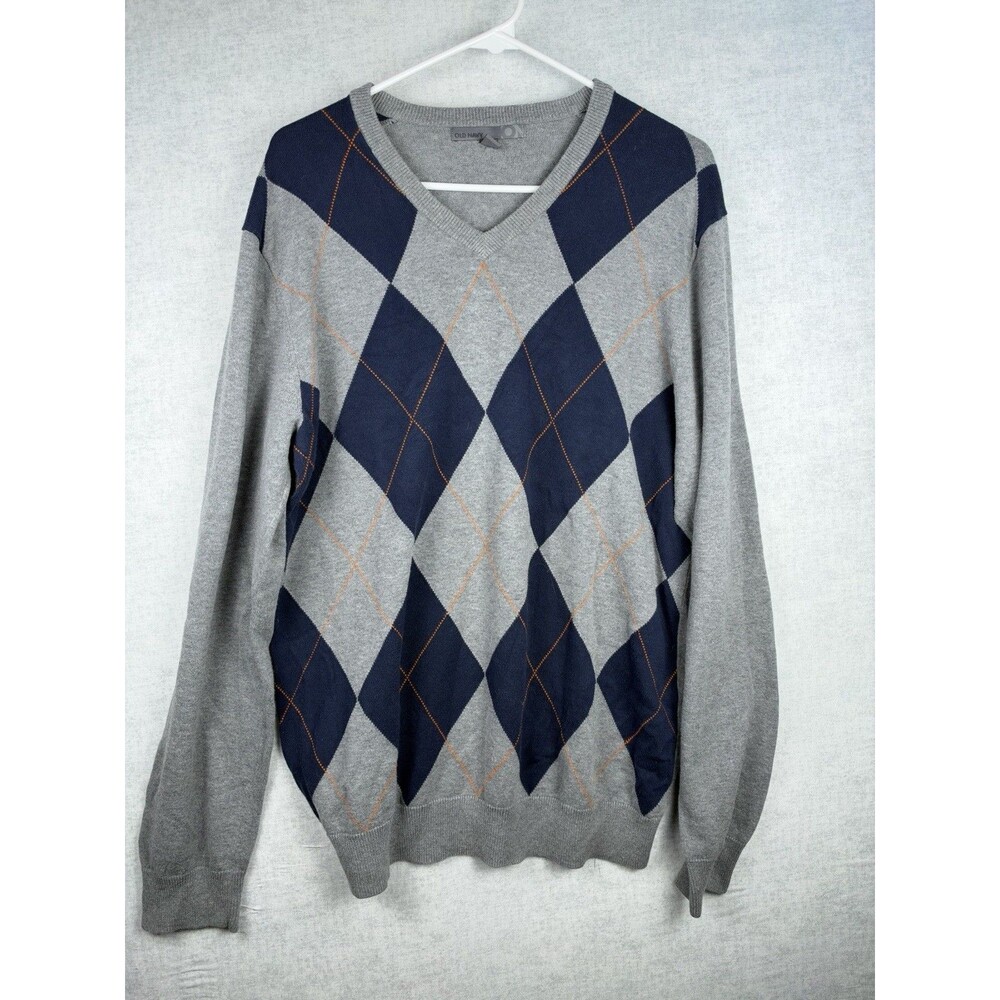 Mens Old Navy Gray And Blue V-neck Argyle Sweater Size Large Grandpa Dad Core